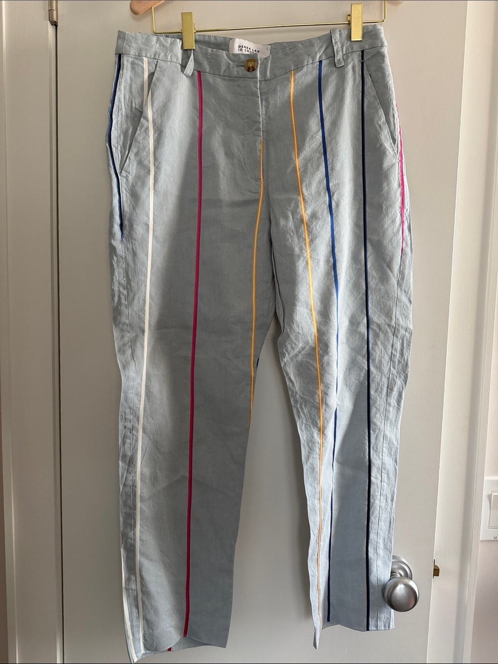 Derek Lam 10 Crosby Blue Striped Linen Viscose Cropped Women Pants Size:8